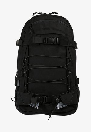 Black backpack with a textured surface, adjustable straps, front zipper pocket, and elastic cords. Features side mesh pockets and sturdy buckles.