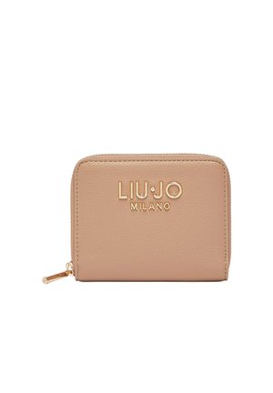 Portafoglio beige con cerniera che gira intorno, logo dorato "LIU JO MILANO" impresso sul davanti, superficie in pelle texturizzata e cursore della cerniera dorato sul lato sinistro.