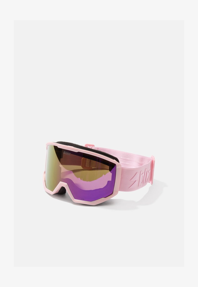 Roze skibril met een groot, hoekig ontwerp, voorzien van een zwarte schuimvoering, gespiegeld paarse lenzen en een roze elastische strap met merknaam.