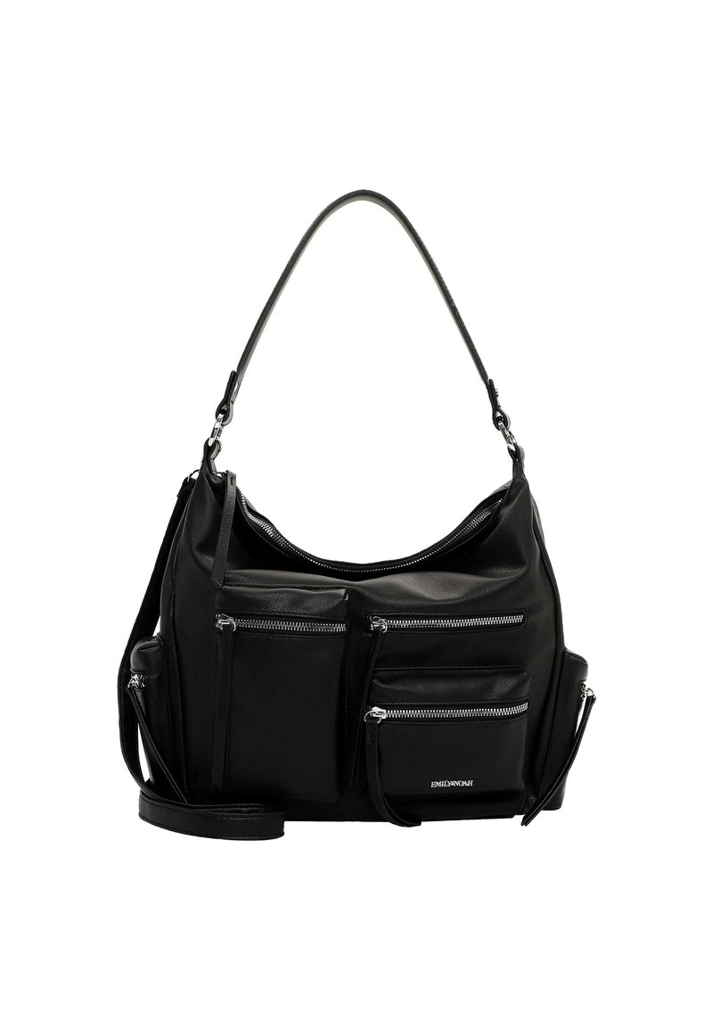 Sac en cuir noir avec plusieurs poches zippées. Présente un design déstructuré, une seule bandoulière et des accents matériels minimaux.