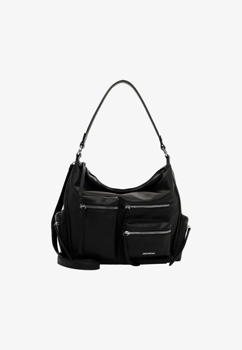 Czarna skórzana torba na ramię z wieloma zapinanymi na zamek kieszeniami. Charakteryzuje się swobodnym fasonem, pojedynczym paskiem na ramię i minimalnymi akcentami z metalu.