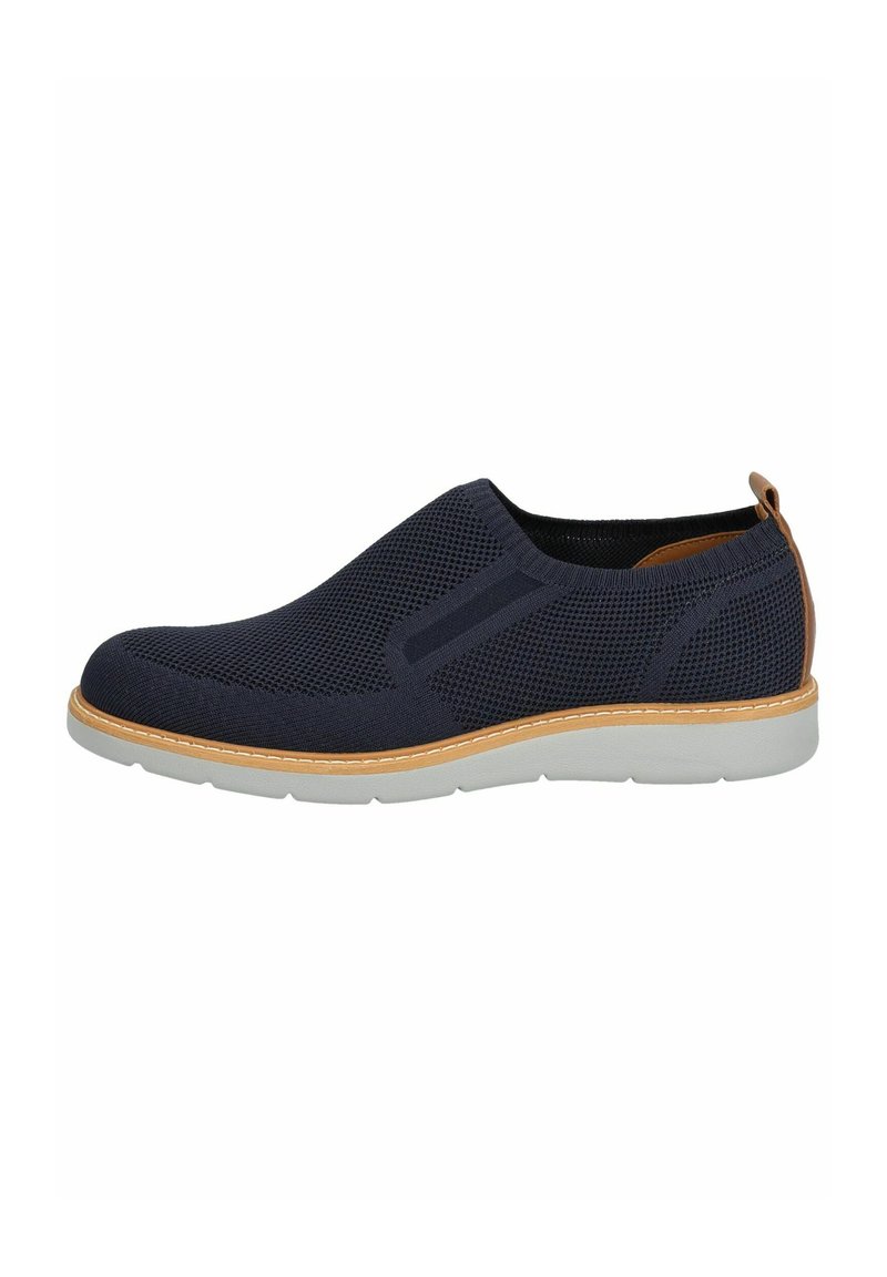 Scarpa slip-on navy con tomaia in rete, pannelli laterali elasticizzati e un dettaglio in pelle beige. Presenta una suola in gomma bianca con bordo cucito.