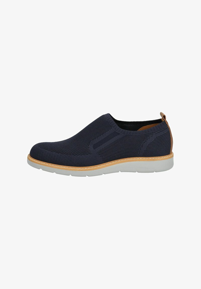 Scarpa slip-on navy con tomaia in rete, pannelli laterali elasticizzati e un dettaglio in pelle beige. Presenta una suola in gomma bianca con bordo cucito.