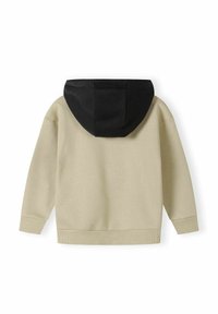 Hooded sweatshirt in light beige with a black hood, featuring ribbed cuffs and hem, made of soft fabric. Back view displayed.