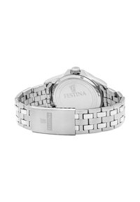 Silberner Edelstahl-Armbanduhr mit einem Gliederarmband-Design, ausgestattet mit einem runden Gehäuse und einem Logo auf der Schließe.