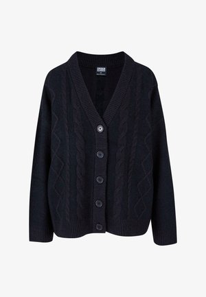 Mustan langan neulecardigan, jossa on V-muotoinen kaula-aukko, napitettu etuosa viidellä napilla ja resorit. Pehmeä tekstuuri rentoa istuvuutta varten.