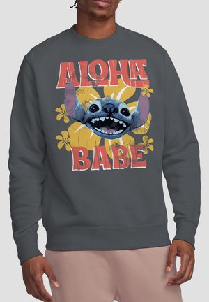 Gray sweatshirt featuring a colorful graphic of a character's face with large ears, surrounded by the text "ALOHA BABE" in bold red letters.