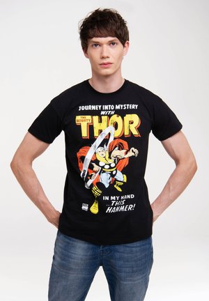Black cotton T-shirt featuring a graphic print of Thor with vibrant colors including yellow, red, and white, and bold text.