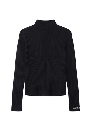 Schwarzer, gerippter Strickpullover mit langen Ärmeln, einem Stehkragen und "PEPE JEANS" in Weiß auf dem linken Ärmelbund bestickt.