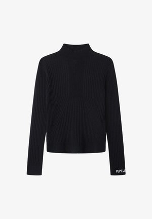 Maglione nero a costine con maniche lunghe e collo alto a giro, con la scritta "PEPE JEANS" ricamata in bianco sul polsino sinistro.