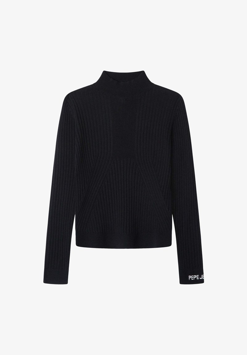Schwarzer, gerippter Strickpullover mit langen Ärmeln, einem Stehkragen und "PEPE JEANS" in Weiß auf dem linken Ärmelbund bestickt.