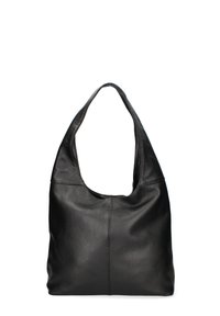 Zwarte leren hobo tas met een gebogen, brede schouderriem. Bevat een gestructureerd oppervlak en een naaddeel dat verticaal aan de voorkant loopt.