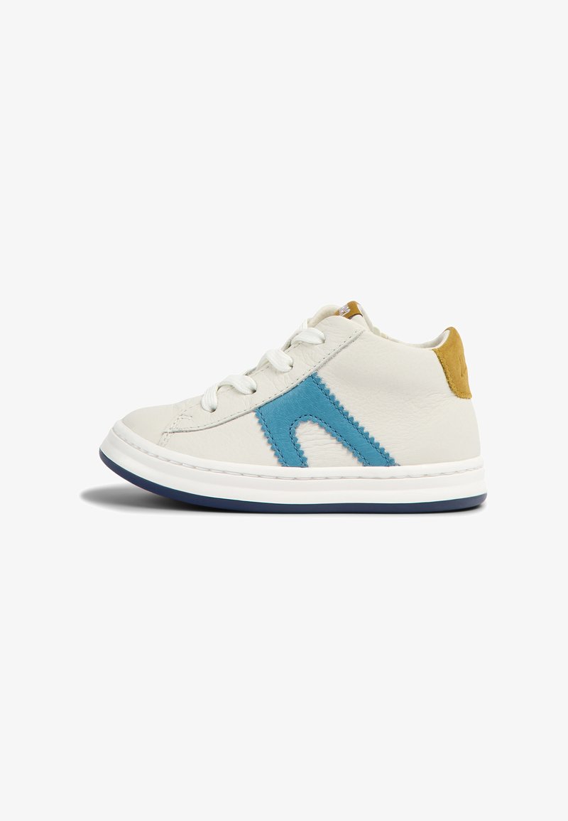 White leather sneaker with blue suede accent and yellow back tab. Features white laces and a navy rubber sole. Classic round toe design.
