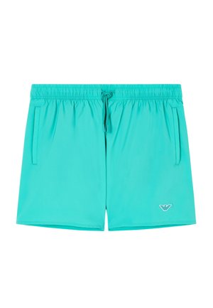 Costume da bagno da uomo turchese con vita elastica, tasche frontali, coulisse e piccolo logo bianco sulla gamba destra inferiore.