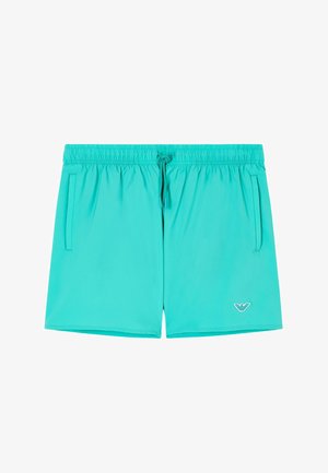 Costume da bagno da uomo turchese con vita elastica, tasche frontali, coulisse e piccolo logo bianco sulla gamba destra inferiore.