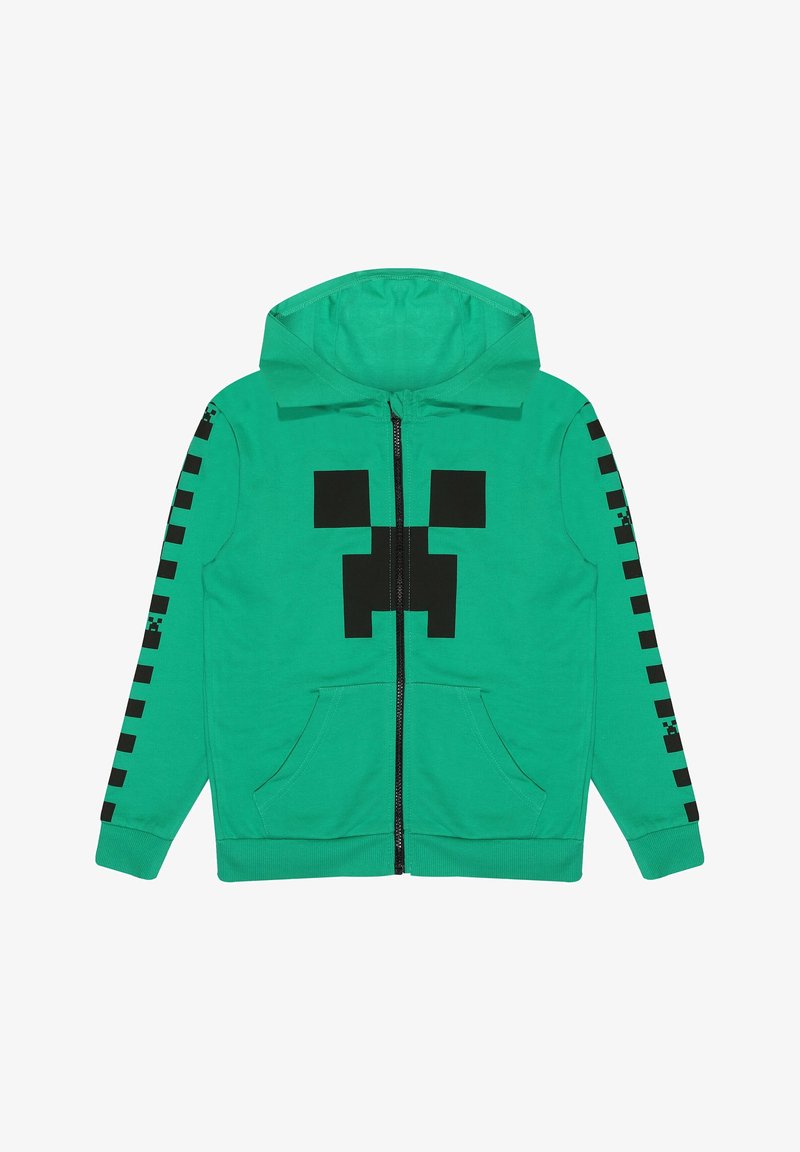Sweat à capuche vert zippé avec un design de visage pixélisé noir sur le devant et un motif de pixels noirs courant le long des deux manches.