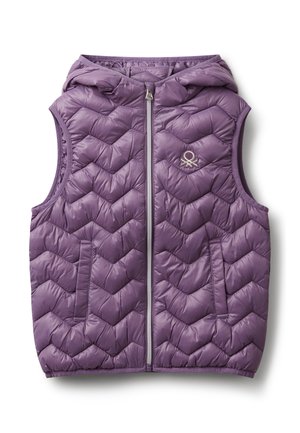 Lila gesteppte ärmellose Weste mit Kapuze, Frontreißverschluss, Seitentaschen und kleinem gesticktem Logo auf der linken Brust.