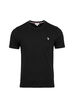 T-shirt noir à manches courtes avec col rond et petit logo de joueur de polo blanc sur le côté gauche de la poitrine.