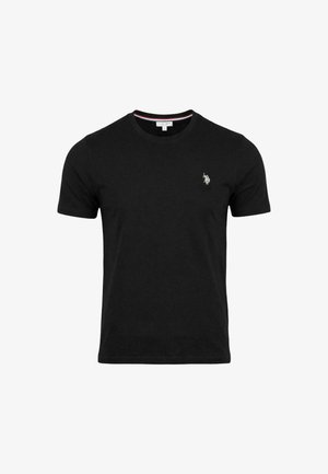 T-shirt nera a maniche corte con scollo tondo e piccolo logo bianco del giocatore di polo sul petto a sinistra.