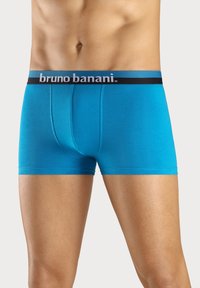 Blauwe boxershorts met een gladde textuur, afgewerkt met een zwarte elastische tailleband met het "bruno banani" logo. Kort model, aansluitend ontwerp.