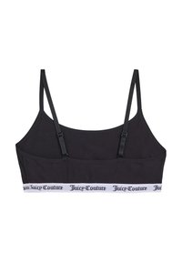 Černá elastická braletka s nastavitelnými ramínky a bílým pasem se značkovým nápisem "Juicy Couture" v černém písmu. Hladký povrch.