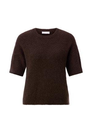 Rjavi pulover z kratkimi rokavi, narejen iz mehke, teksturirane tkanine z okroglim izrezom in rebrastim spodnjim robom. Ponaša se z udobnim krojem in minimalističnim dizajnom.