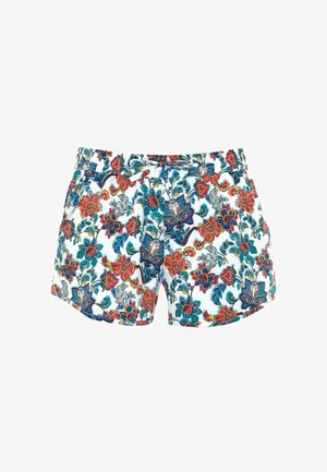 Bijele kratke hlače s elastičnim strukom i podesivom vrpcom, ukrašene šarenim cvjetnim i listnim uzorcima u crvenim, plavim, narančastim i zelenim tonovima.