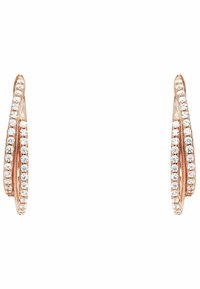 Orecchini in oro rosa con un design attorcigliato, caratterizzati da una fila di piccole pietre di strass trasparenti lungo i bordi per un effetto scintillante.