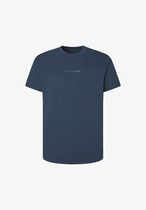 Navy blue short-sleeve t-shirt made of cotton. Features a crew neck and minimal white logo detail on the front. Smooth texture.