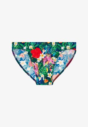 Maillots de bain pour hommes avec un motif tropical coloré comprenant des feuilles vertes, des fleurs blanches et rouges, et un oiseau rose et bleu sur un fond bleu.