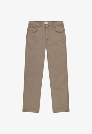 Beige Wrangler jeans gemaakt van een katoenmix, met een rechte snit, vijf zakken en contrasterende stikdetails.