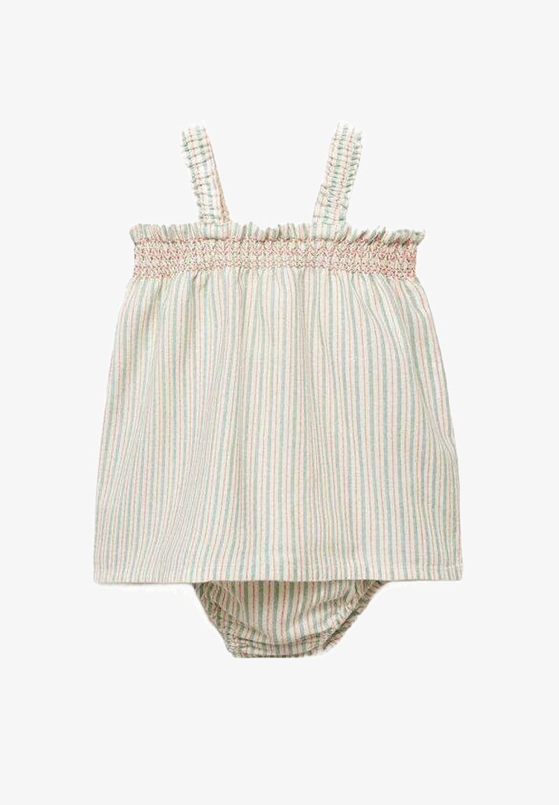 Prugašasti kombinezon u svijetlim pastelnim bojama s nabranim gornjim dijelom i tankim podesivim naramenicama; meki materijal s nabranim detaljima u struku.