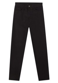 Jeans de algodón negros con un corte ajustado, diseño de cinco bolsillos, cierre de botón metálico y detalles de costura mínimos. Textura suave y tejido duradero.