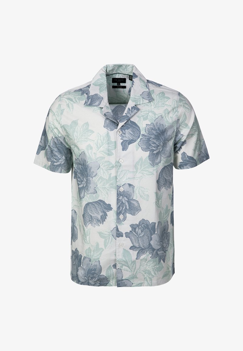 Chemise à manches courtes boutonnée avec motif floral bleu et vert sur fond blanc, avec col classique.