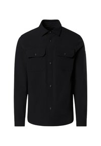 Maglietta nera a maniche lunghe realizzata in tessuto intrecciato, con colletto classico, due tasche sul petto e chiusura con bottoni sul davanti.