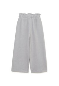 Pantaloni a gamba larga in velluto a coste grigio chiaro con vita elasticizzata arricciata, lunghezza corta e senza tasche o decorazioni visibili.