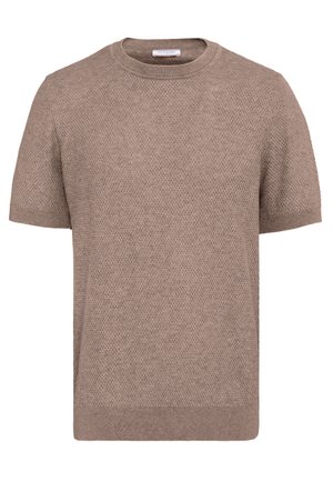 Rövid ujjú, piszkosszürke kötött pulóver texturált gyémántmintával és kerek nyakkivágással, fehér háttéren bemutatva.