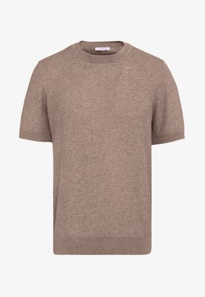 Kurzärmeliger, taupefarbener Strickpullover mit strukturiertem Diamantmuster und Rundhalsausschnitt, auf weißem Hintergrund dargestellt.