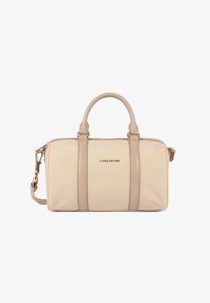 Beige rectangular handbag with double top handles, detachable shoulder strap, and gold-tone Lancaster logo on front.