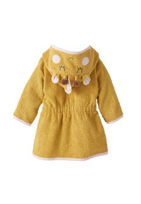 Yellow hooded bathrobe in textured fabric, featuring a cinched waist, pink trim, and playful animal face with pom-pom accents on the hood.
