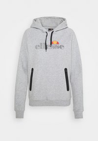 Felpa grigia con cappuccio regolabile, dotata di tasche con zip nere e un logo ricamato. Tessuto morbido con bordo e polsini a costine.
