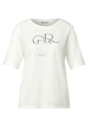 White short-sleeved t-shirt with a round neck, featuring silver graphic text design. Soft fabric with a smooth texture.