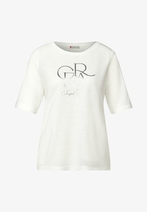 Weißes T-Shirt mit kurzen Ärmeln und rundem Halsausschnitt, versehen mit einem silbernen Grafiktextdesign. Weicher Stoff mit glatter Textur.