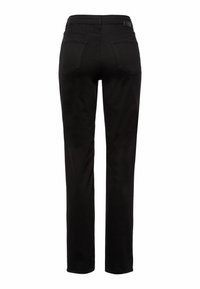 Schwarze Straight-Leg-Jeans mit glatter Textur, ausgestattet mit zwei Gesäßtaschen und einem Gürtelschlaufenbund. Sauberes, minimalistisches Design ohne Verzierungen.