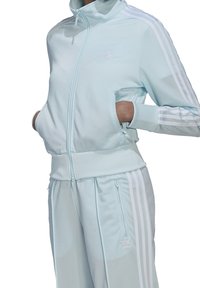 Persona con un chándal ligero de Adidas en color azul claro con rayas blancas, con las manos en los bolsillos con cremallera, de pie frente a un fondo blanco.