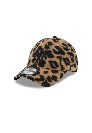 Baseballkappe mit braun-schwarzem Leopardenmuster, schwarzem "NY"-Logo vorne und verstellbarem Riemen hinten.
