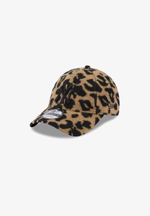 Baseball cap with brown and black leopard print, black "NY" logo on front, and adjustable strap on back.
