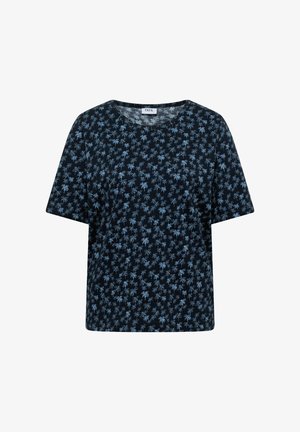 Chemise noire à manches courtes avec un col rond et un motif de palmiers bleus partout.