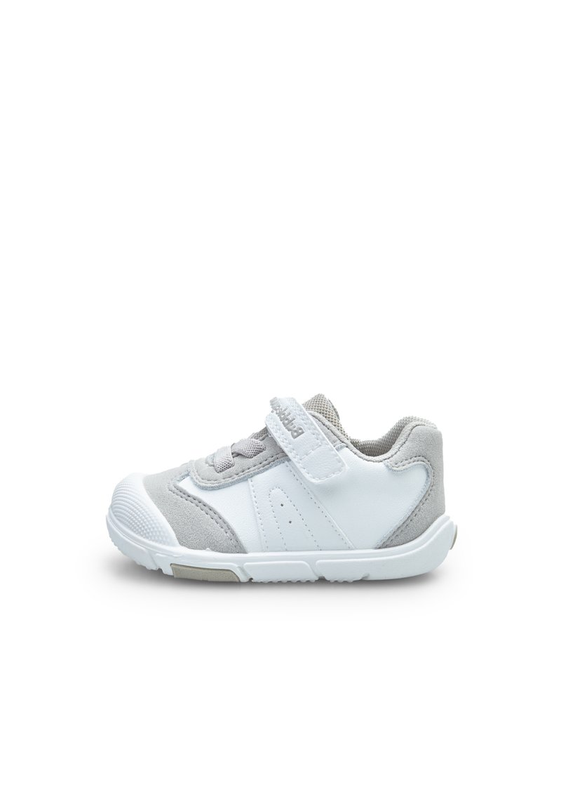 White and grey children's sneaker with a smooth leather upper, soft suede accents, adjustable Velcro strap, and a textured rubber sole.
