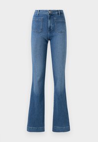 Jean évasé en denim de couleur bleue avec une taille mi-haute, comportant deux poches arrière et un ourlet net. Texture lisse et design classique.